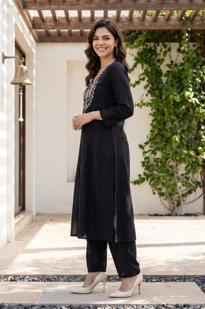 Black Sequins Chanderi Flared Kurta with Pants and Dupatta Set