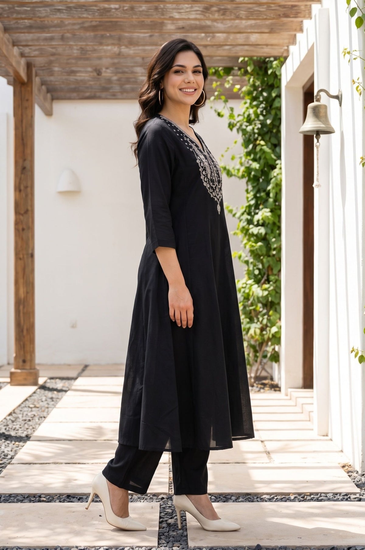 Black Sequins Chanderi Flared Kurta with Pants and Dupatta Set