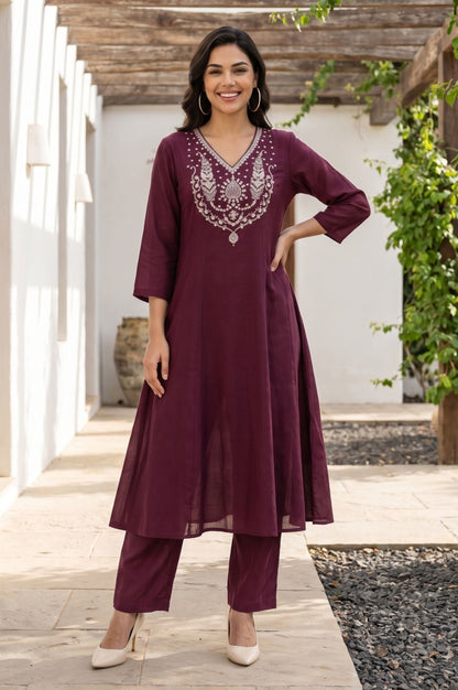 Purple Embroidered Chanderi Flared Kurta with Pants Set