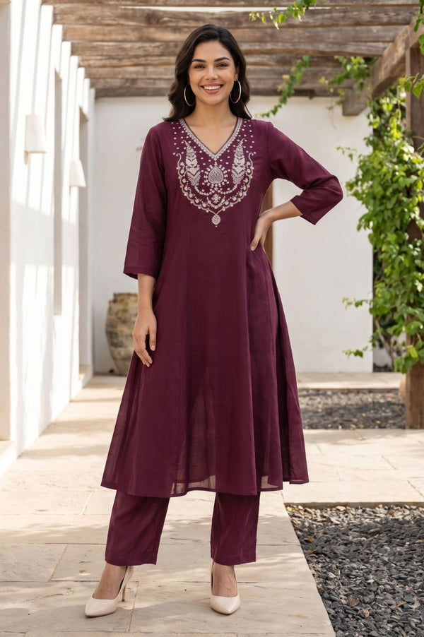 Purple Embroidered Chanderi Flared Kurta with Pants Set