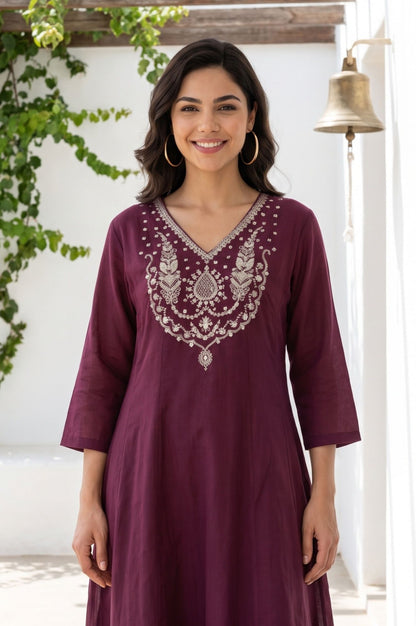 Purple Embroidered Chanderi Flared Kurta with Pants Set