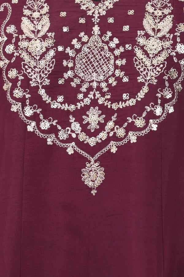 Purple Embroidered Chanderi Flared Kurta with Pants Set