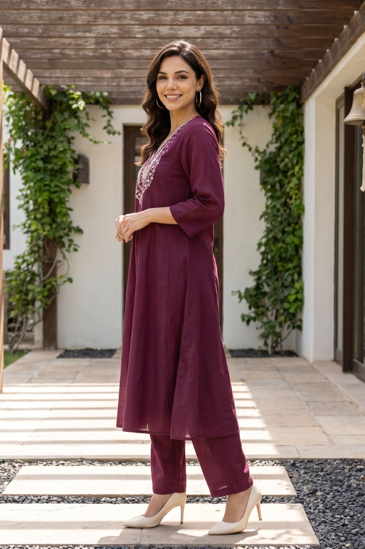 Purple Embroidered Chanderi Flared Kurta with Pants Set