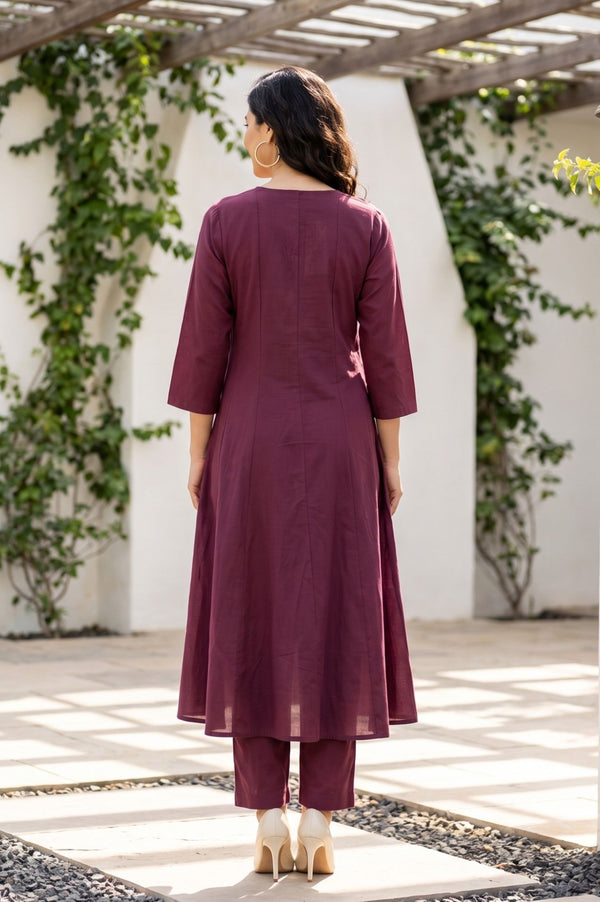 Purple Embroidered Chanderi Flared Kurta with Pants Set