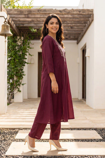 Purple Embroidered Chanderi Flared Kurta with Pants Set