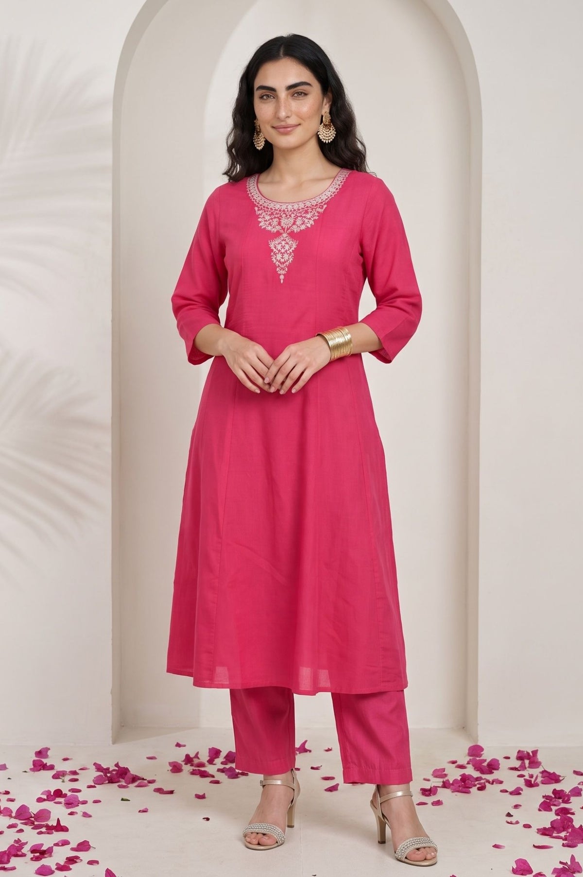Pink Thread Embroidered Chanderi Straight Kurta with Pants Co-ord Set