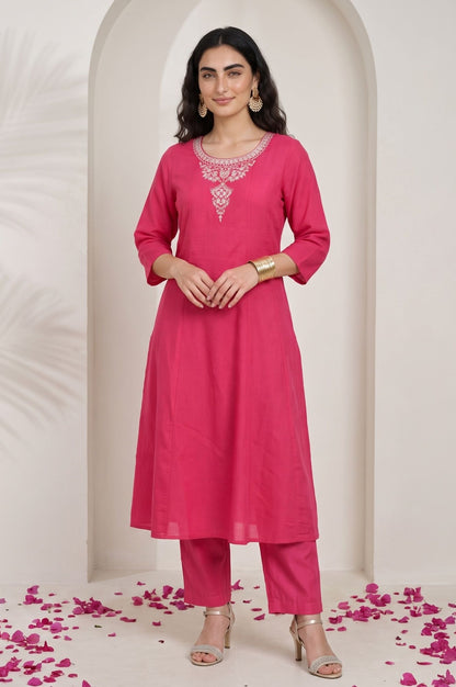 Pink Thread Embroidered Chanderi Straight Kurta with Pants Co-ord Set