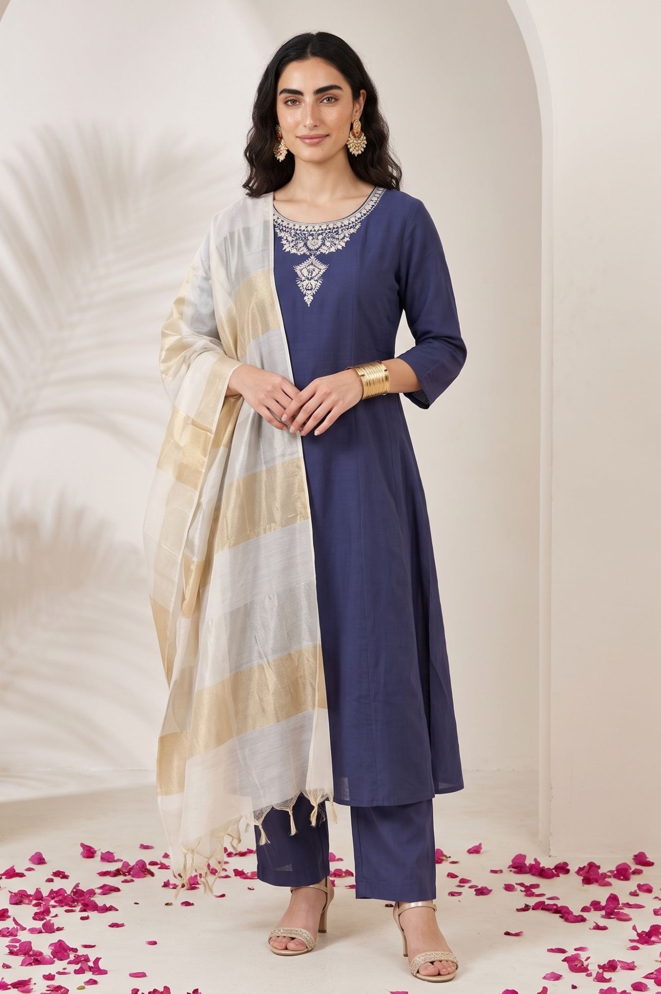 Navy Blue Thread Embroidered Chanderi Straight Kurta with Pants and Dupatta Set
