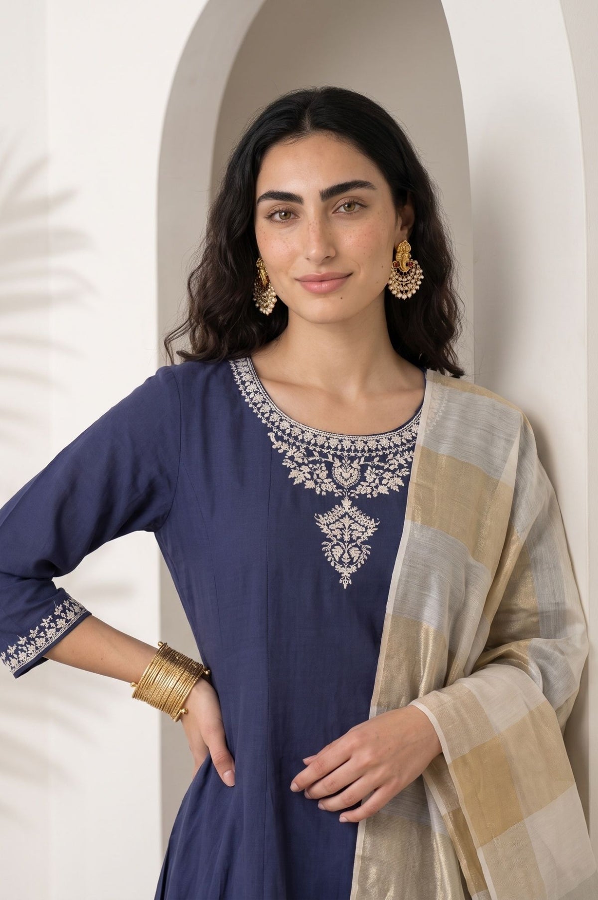 Navy Blue Thread Embroidered Chanderi Straight Kurta with Pants and Dupatta Set
