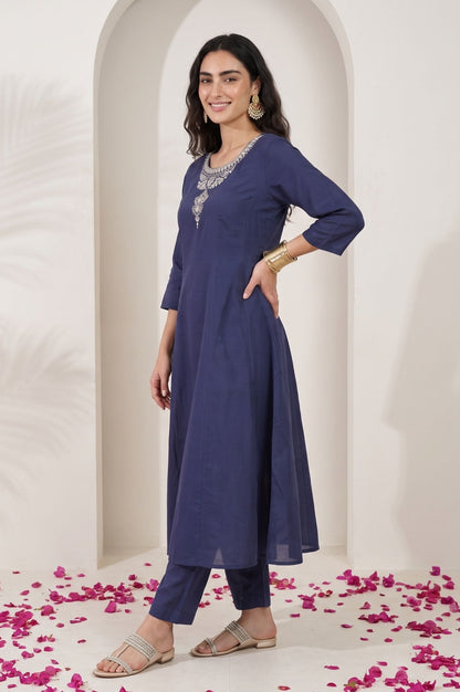 Navy Blue Thread Embroidered Chanderi Straight Kurta with Pants and Dupatta Set