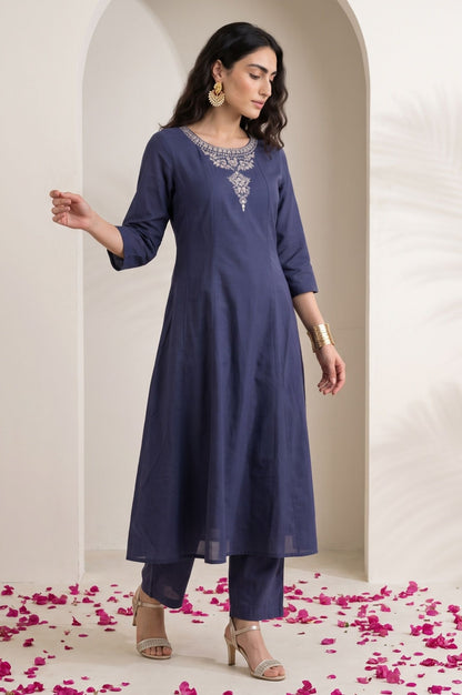 Navy Blue Thread Embroidered Chanderi Straight Kurta with Pants and Dupatta Set
