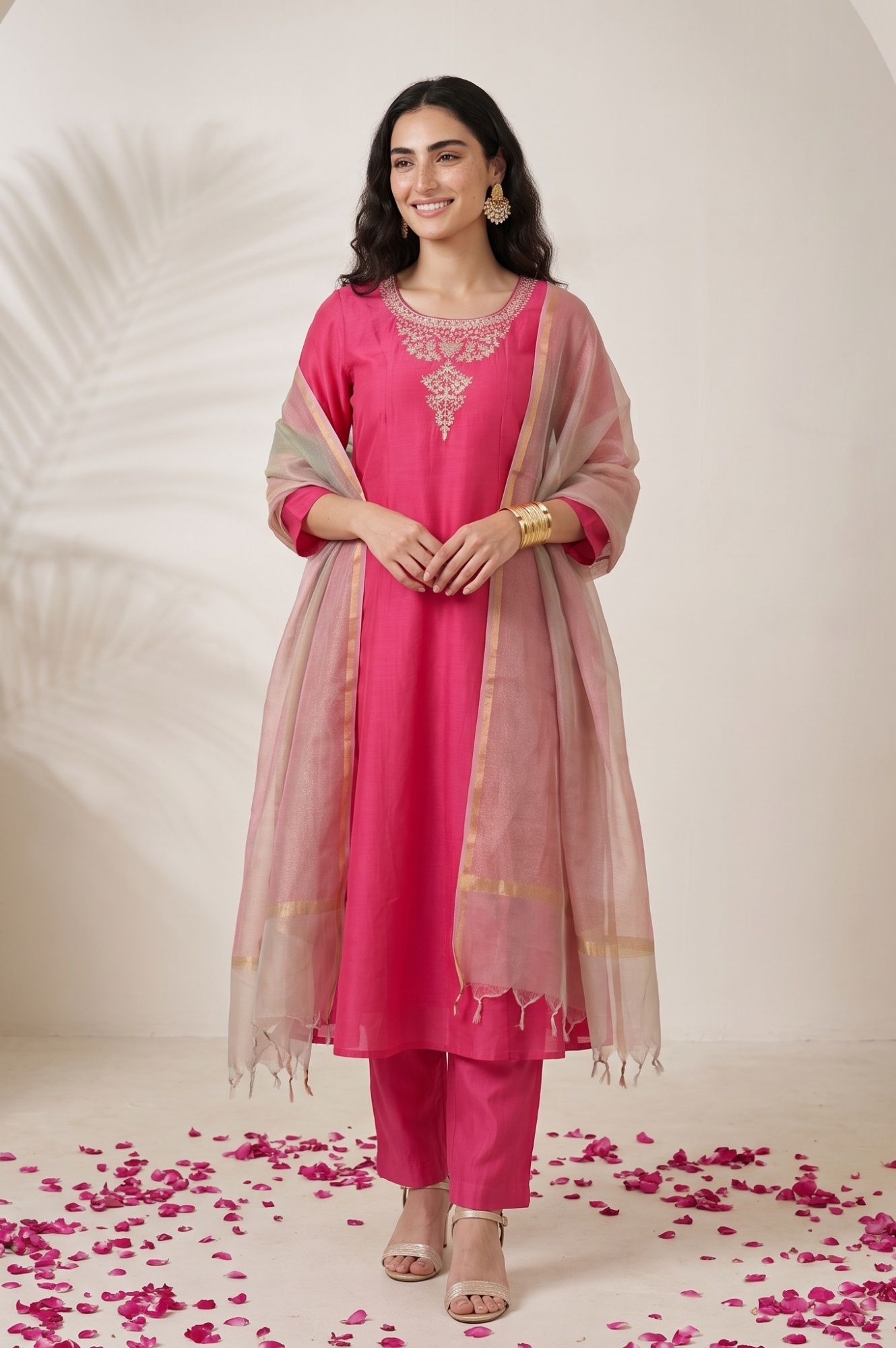 Pink Embroidered Chanderi Straight Kurta with Pants Set