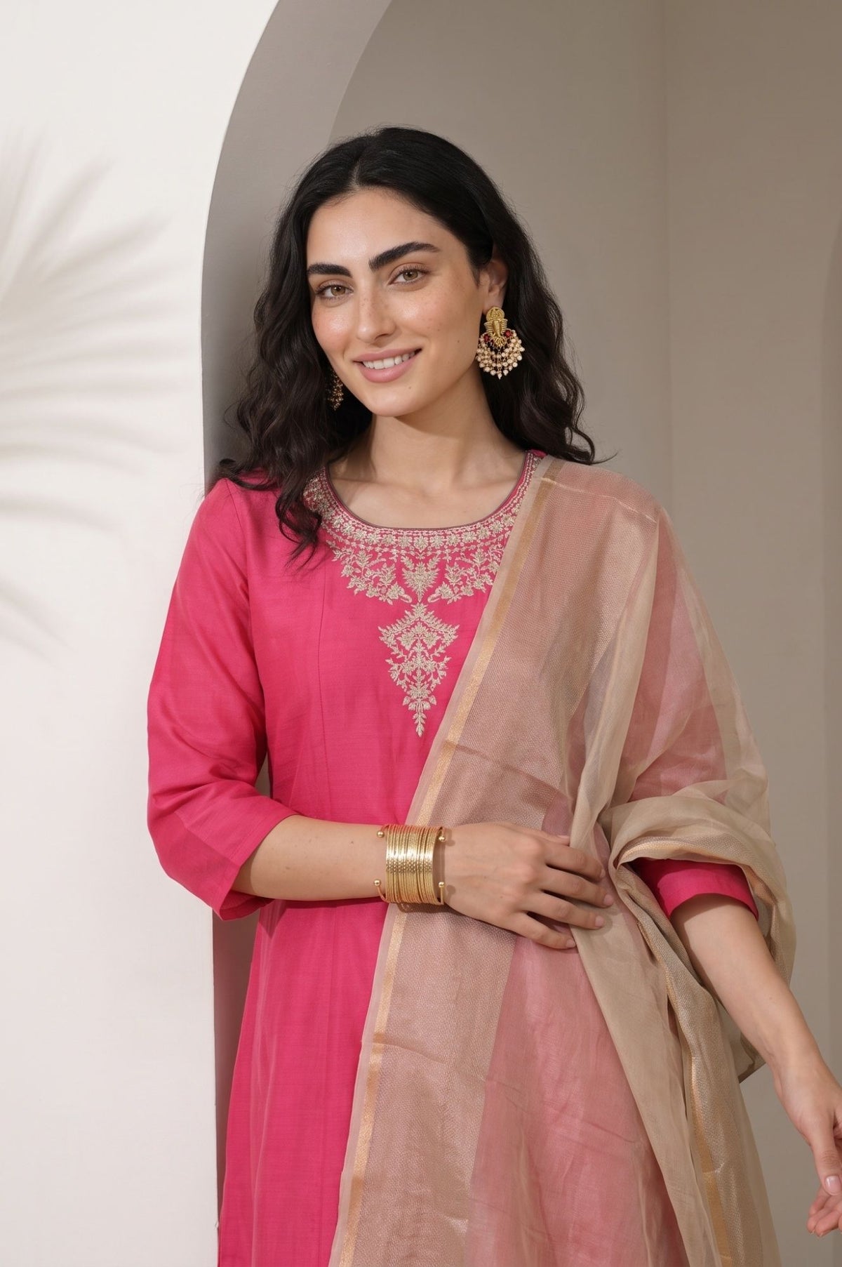 Pink Embroidered Chanderi Straight Kurta with Pants Set