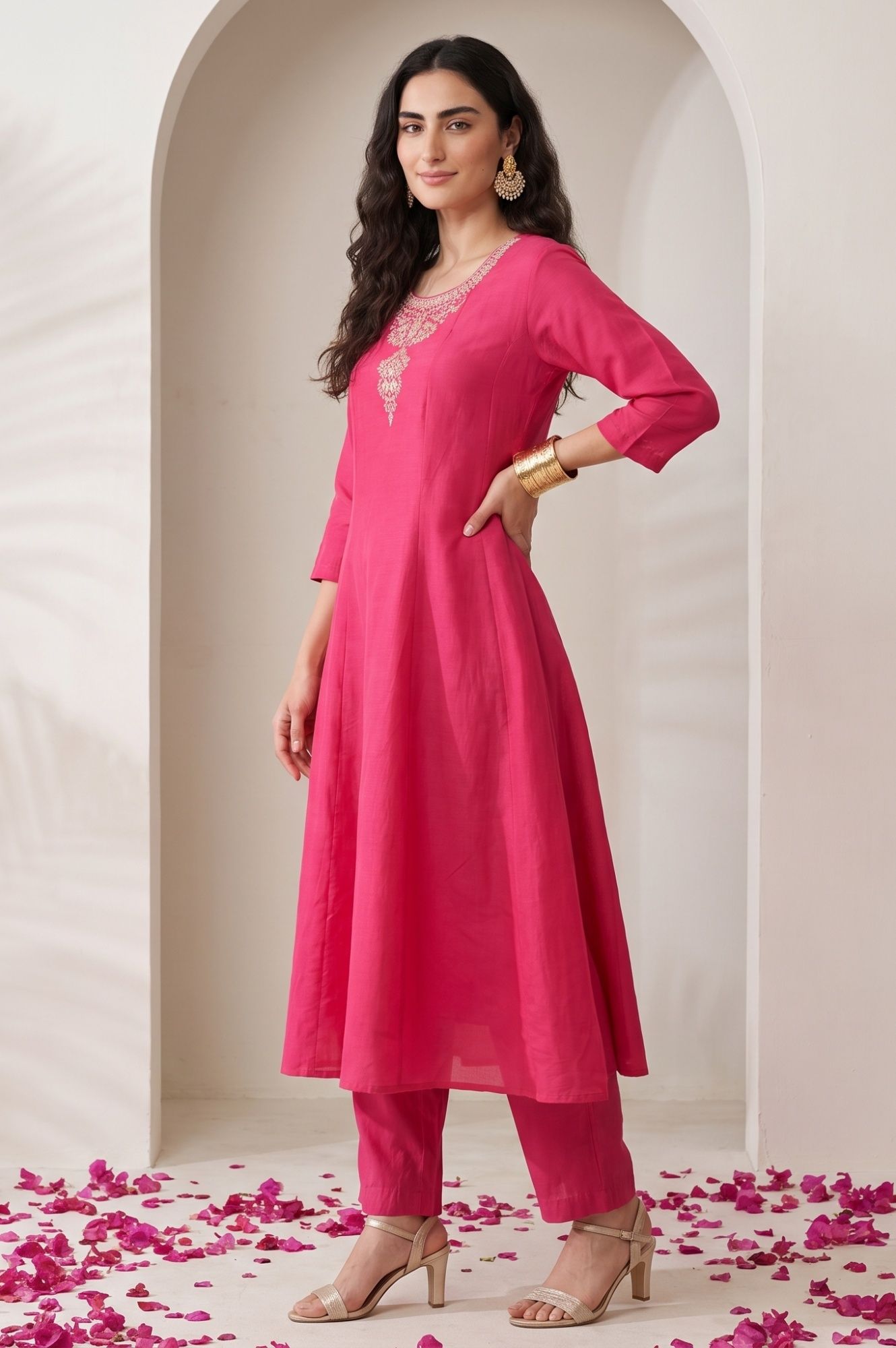 Pink Embroidered Chanderi Straight Kurta with Pants Set