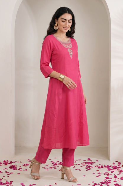 Pink Embroidered Chanderi Straight Kurta with Pants Set