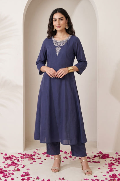 Navy Blue Embroidered Chanderi Straight Kurta with Pants Set