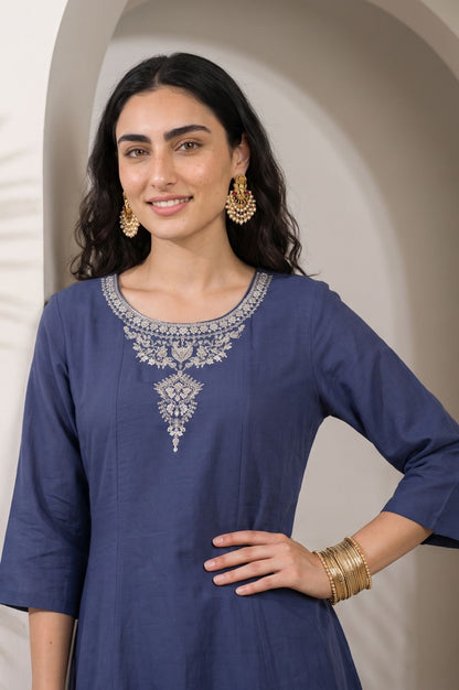 Navy Blue Embroidered Chanderi Straight Kurta with Pants Set