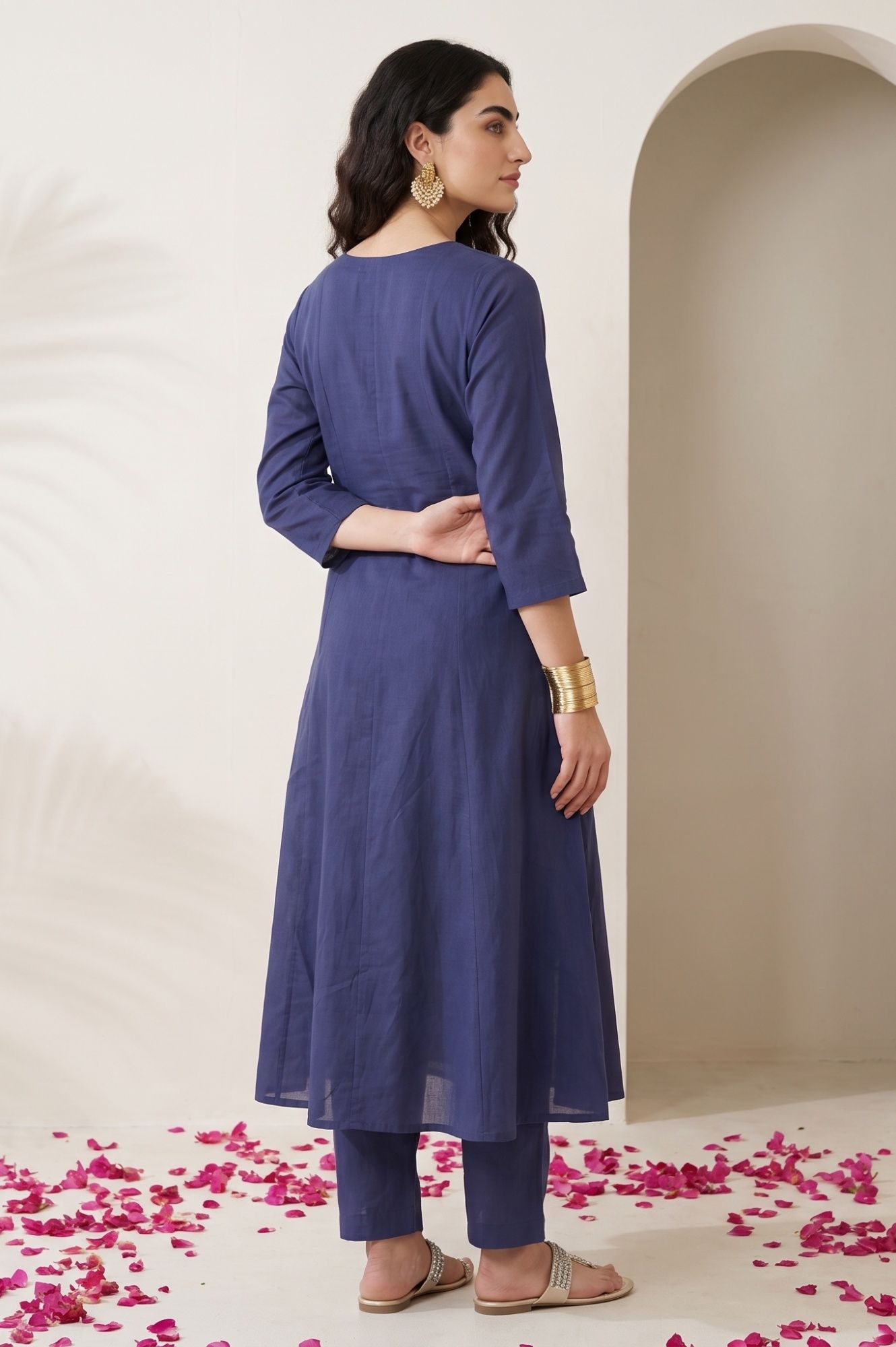 Navy Blue Embroidered Chanderi Straight Kurta with Pants Set