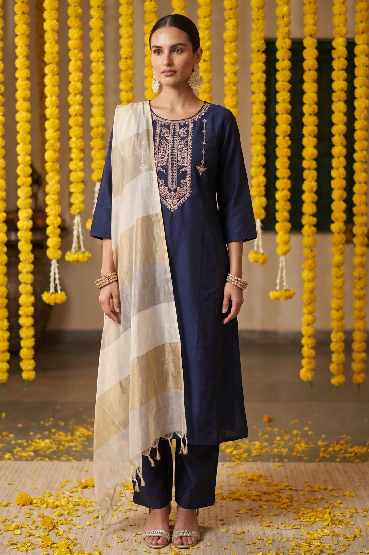 Navy Blue Thread Embroidered Straight Kurta with Pants and Dupatta Set