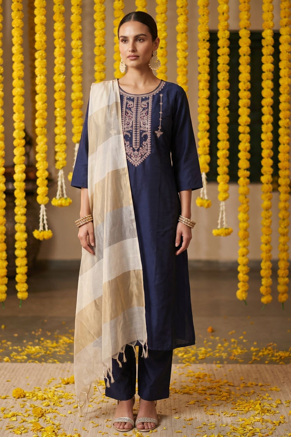 Navy Blue Thread Embroidered Straight Kurta with Pants and Dupatta Set