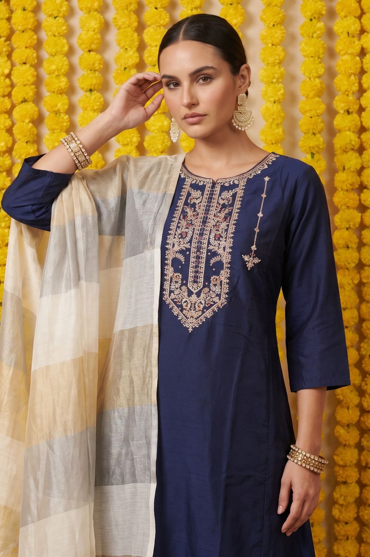 Navy Blue Thread Embroidered Straight Kurta with Pants and Dupatta Set