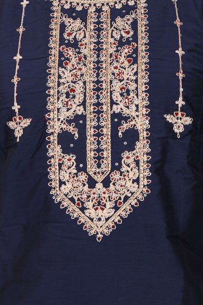 Navy Blue Thread Embroidered Straight Kurta with Pants and Dupatta Set