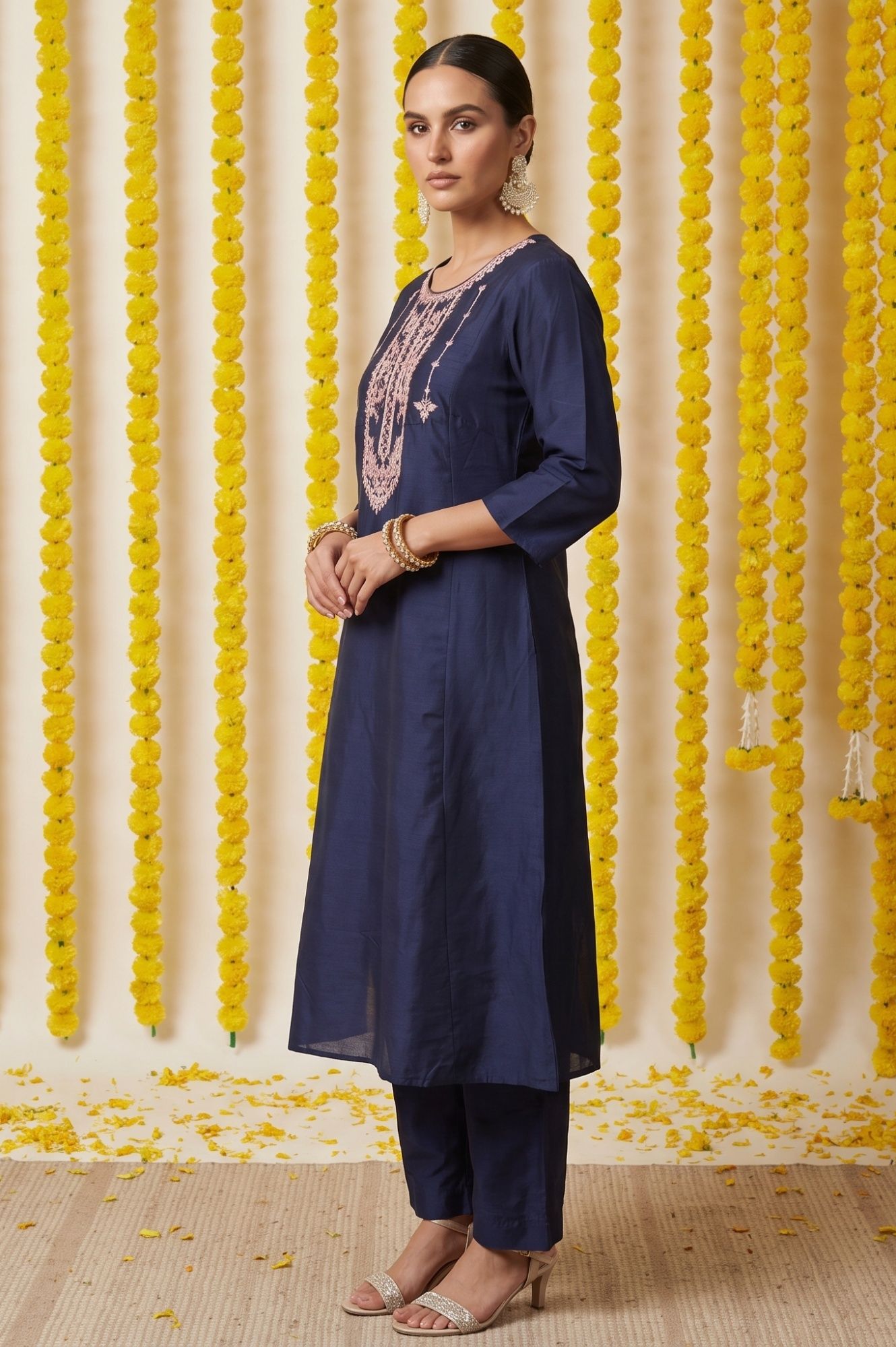 Navy Blue Thread Embroidered Straight Kurta with Pants and Dupatta Set
