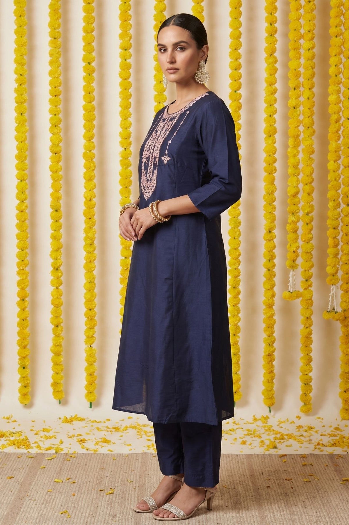 Navy Blue Thread Embroidered Straight Kurta with Pants and Dupatta Set