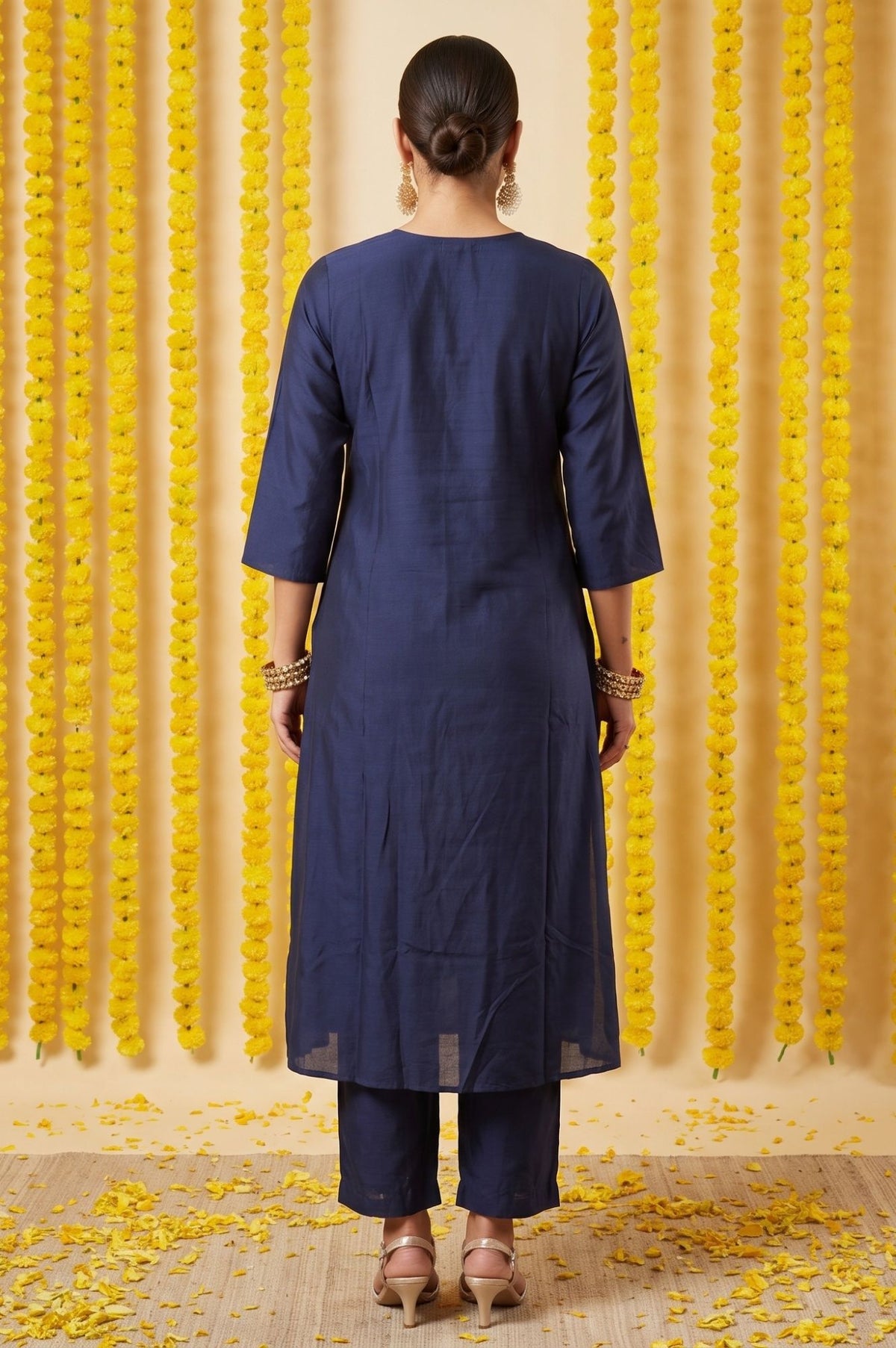 Navy Blue Thread Embroidered Straight Kurta with Pants and Dupatta Set