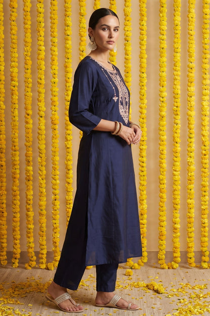 Navy Blue Thread Embroidered Straight Kurta with Pants and Dupatta Set