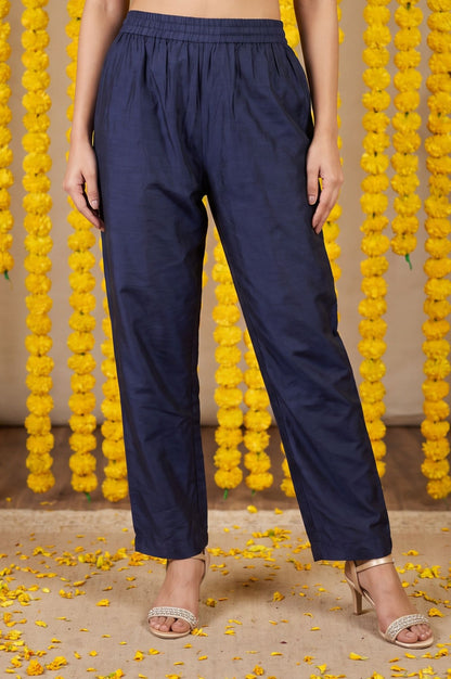 Navy Blue Thread Embroidered Straight Kurta with Pants and Dupatta Set