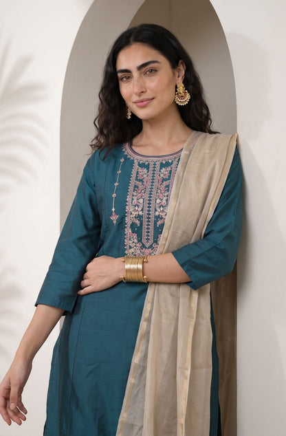 Teal Thread Embroidered Straight Kurta with Pants and Dupatta Set