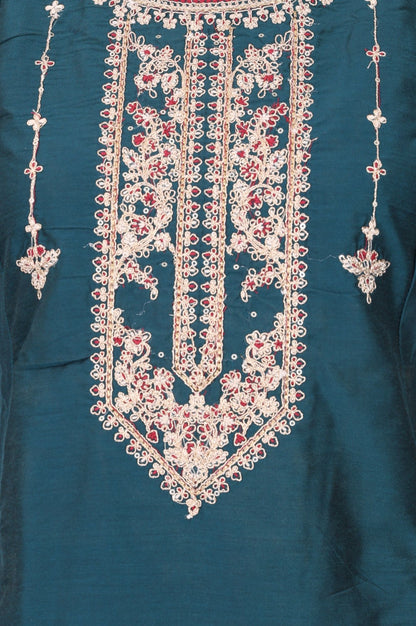 Teal Thread Embroidered Straight Kurta with Pants and Dupatta Set