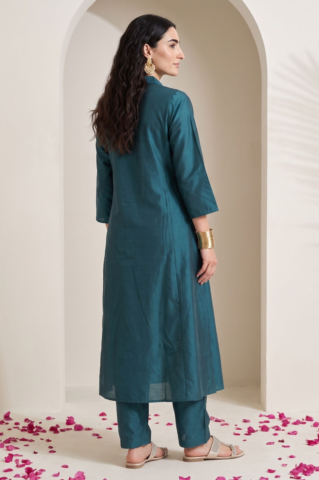 Teal Thread Embroidered Straight Kurta with Pants and Dupatta Set