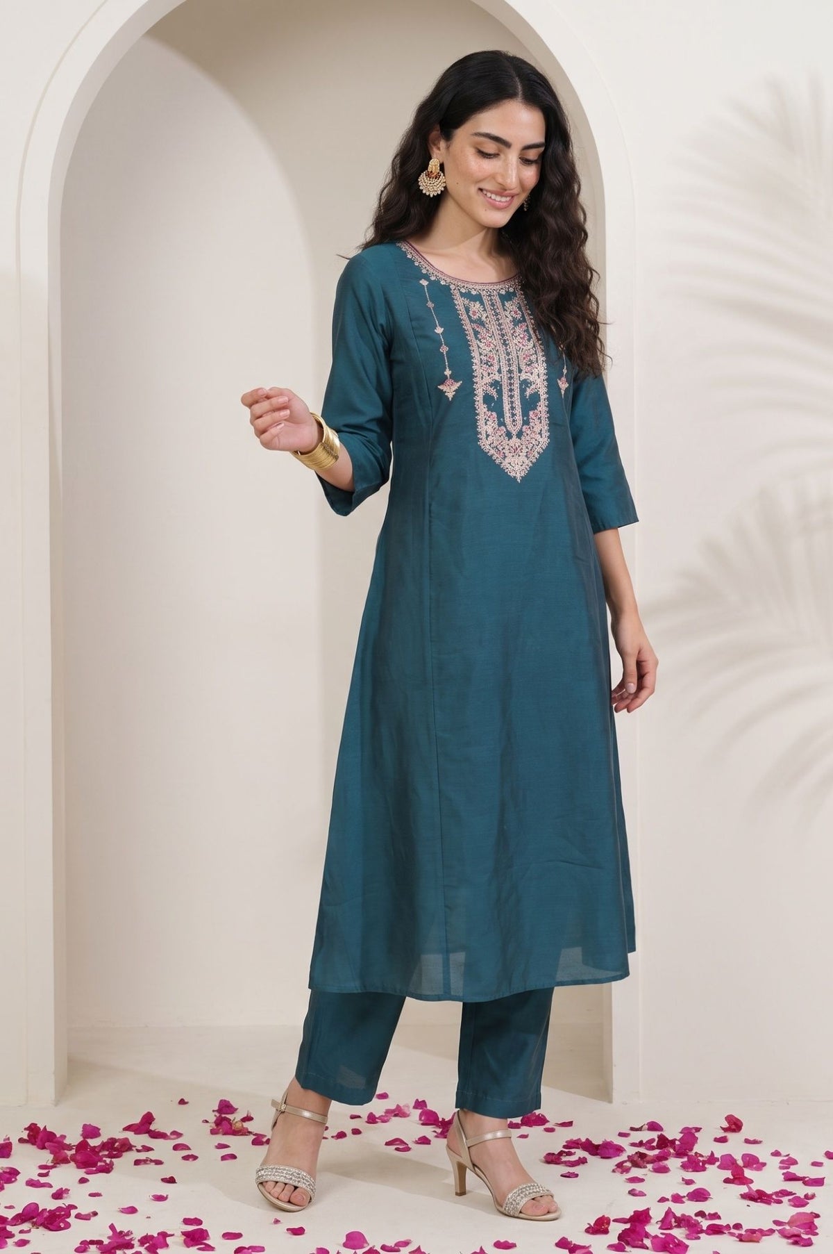 Teal Thread Embroidered Straight Kurta with Pants and Dupatta Set