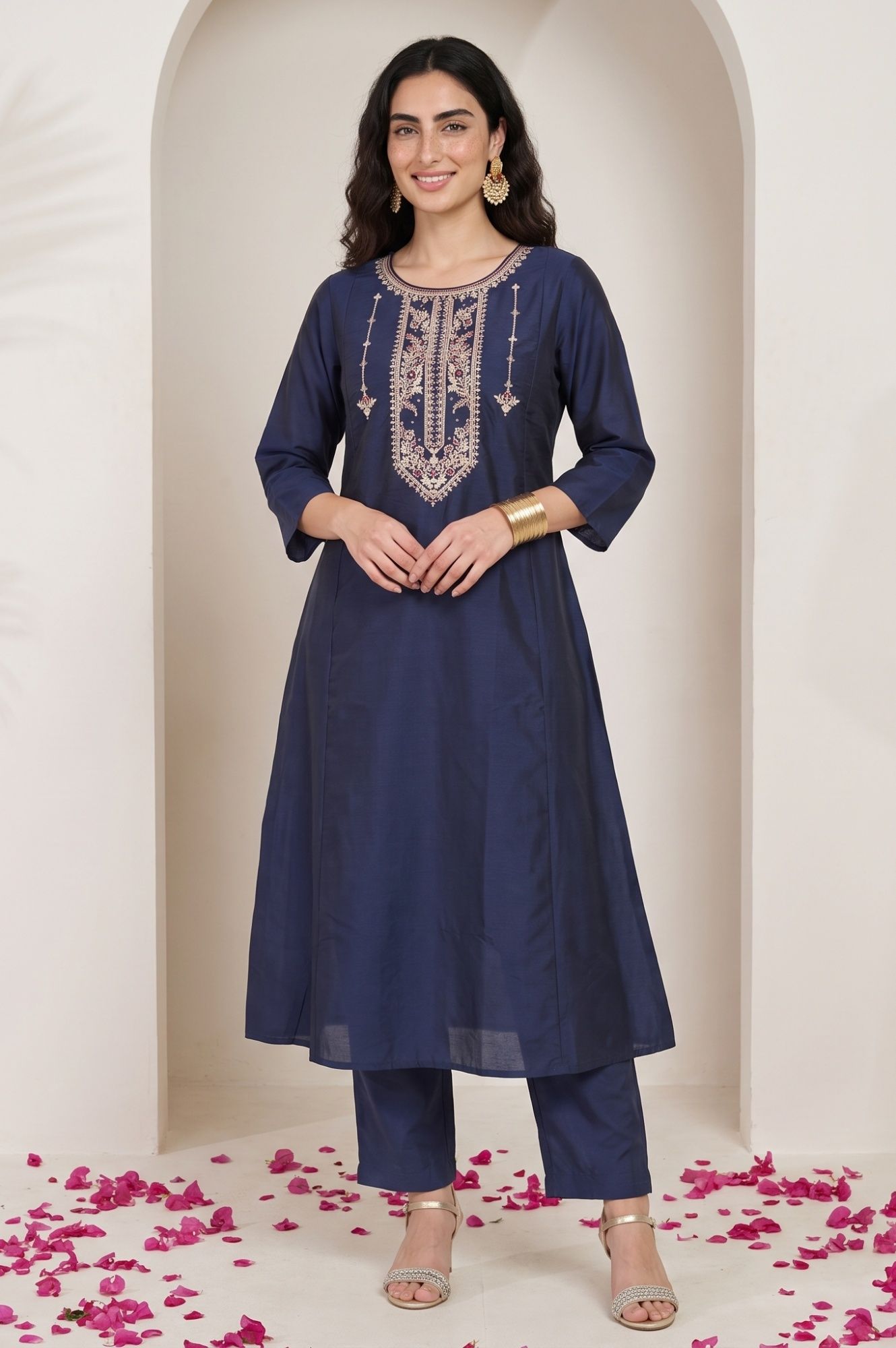 Navy Blue Thread Embroidered Straight Kurta with Pants Set
