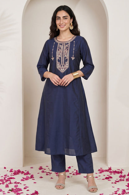 Navy Blue Thread Embroidered Straight Kurta with Pants Set