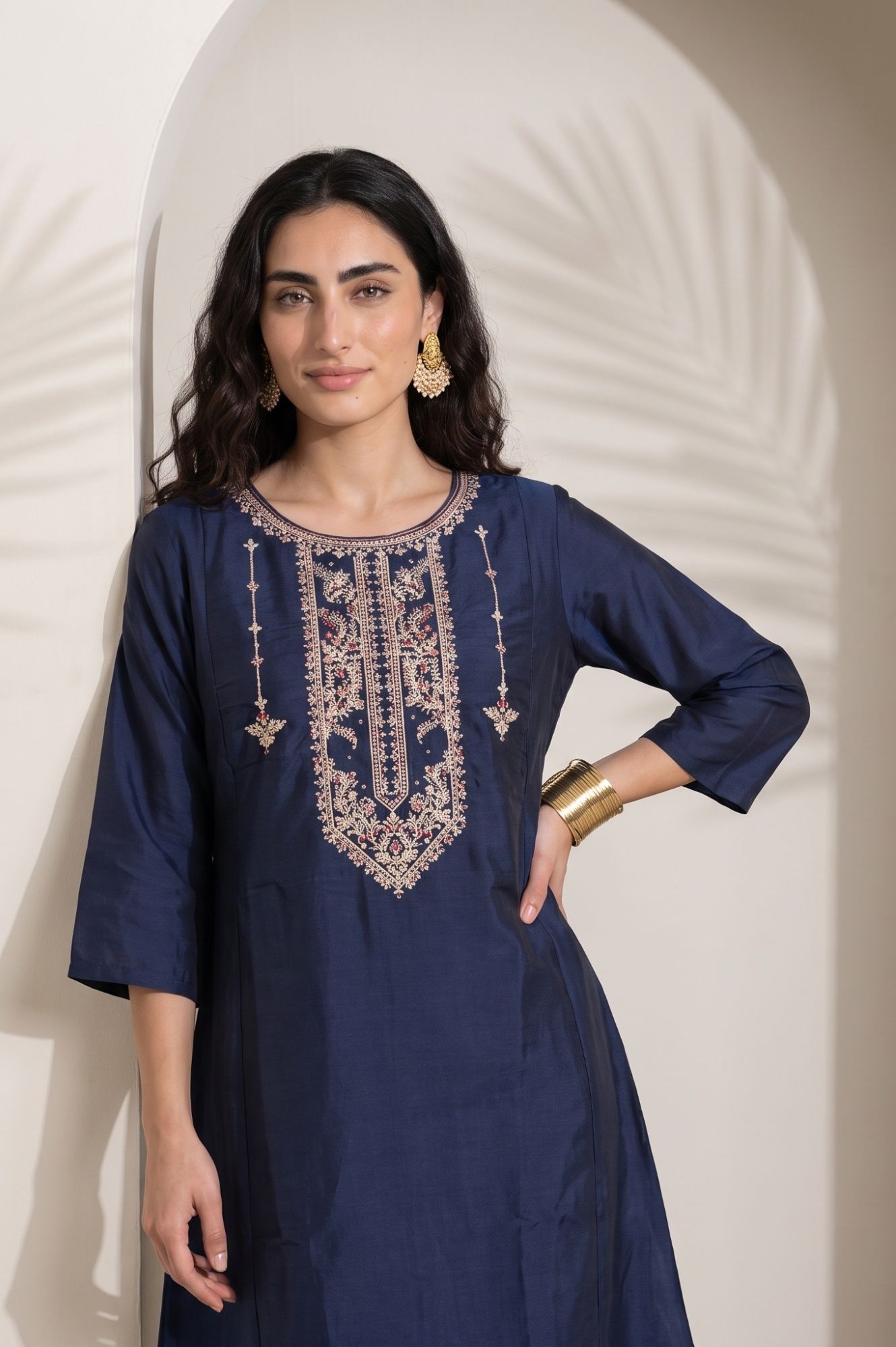 Navy Blue Thread Embroidered Straight Kurta with Pants Set