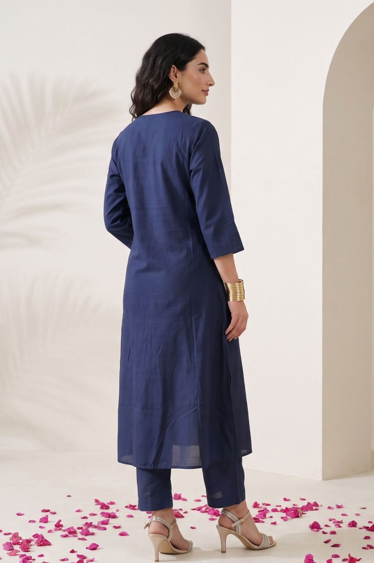Navy Blue Thread Embroidered Straight Kurta with Pants Set