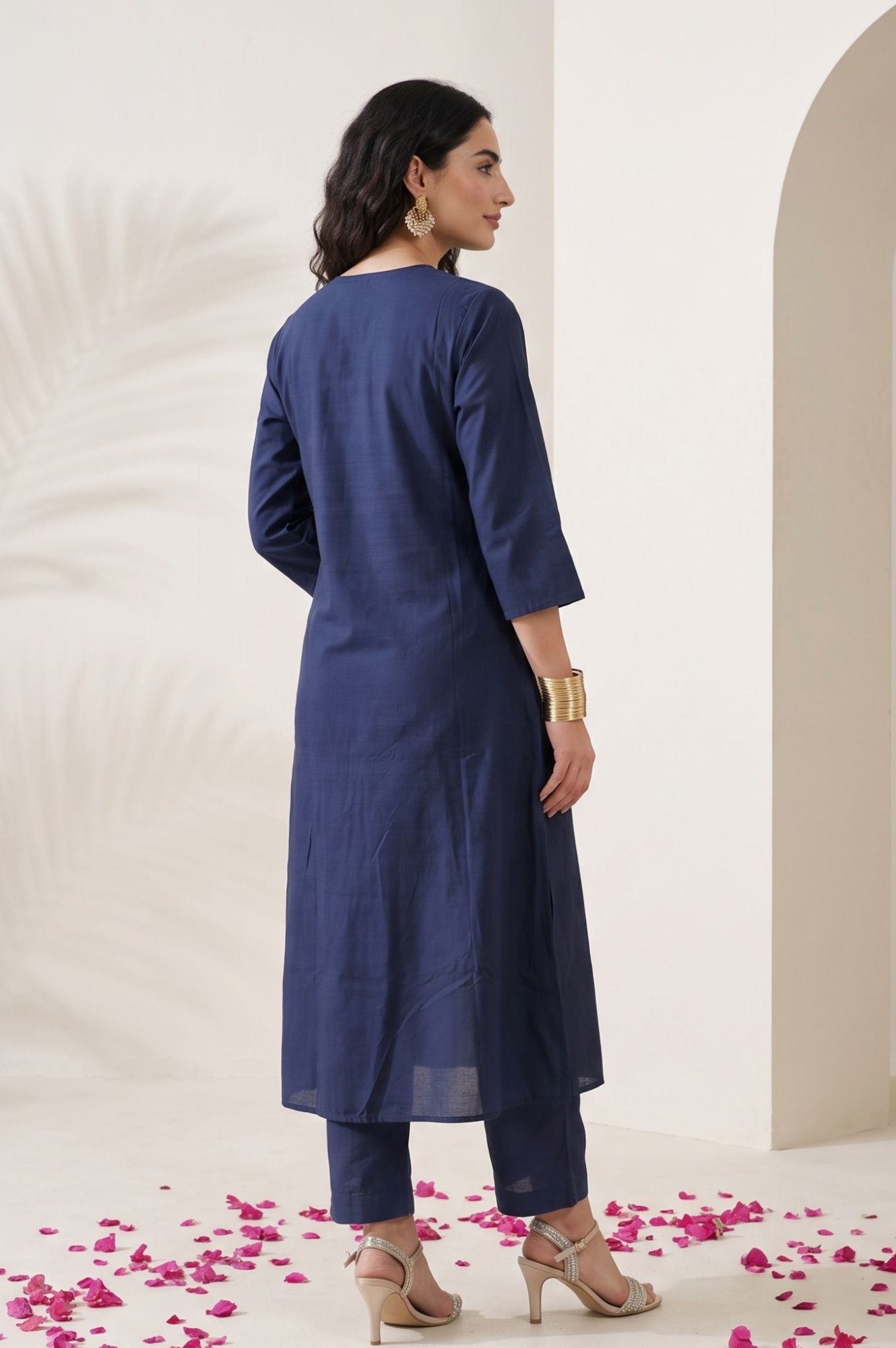 Navy Blue Thread Embroidered Straight Kurta with Pants Set