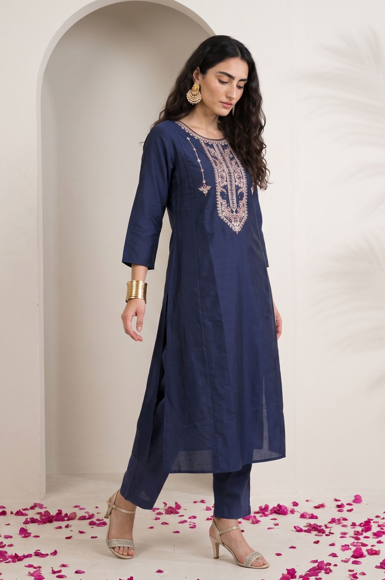 Navy Blue Thread Embroidered Straight Kurta with Pants Set