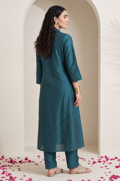 Teal Thread Embroidered Straight Kurta with Pants Set