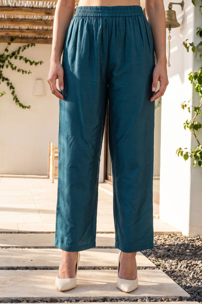 Teal Thread Embroidered Straight Kurta with Pants Set