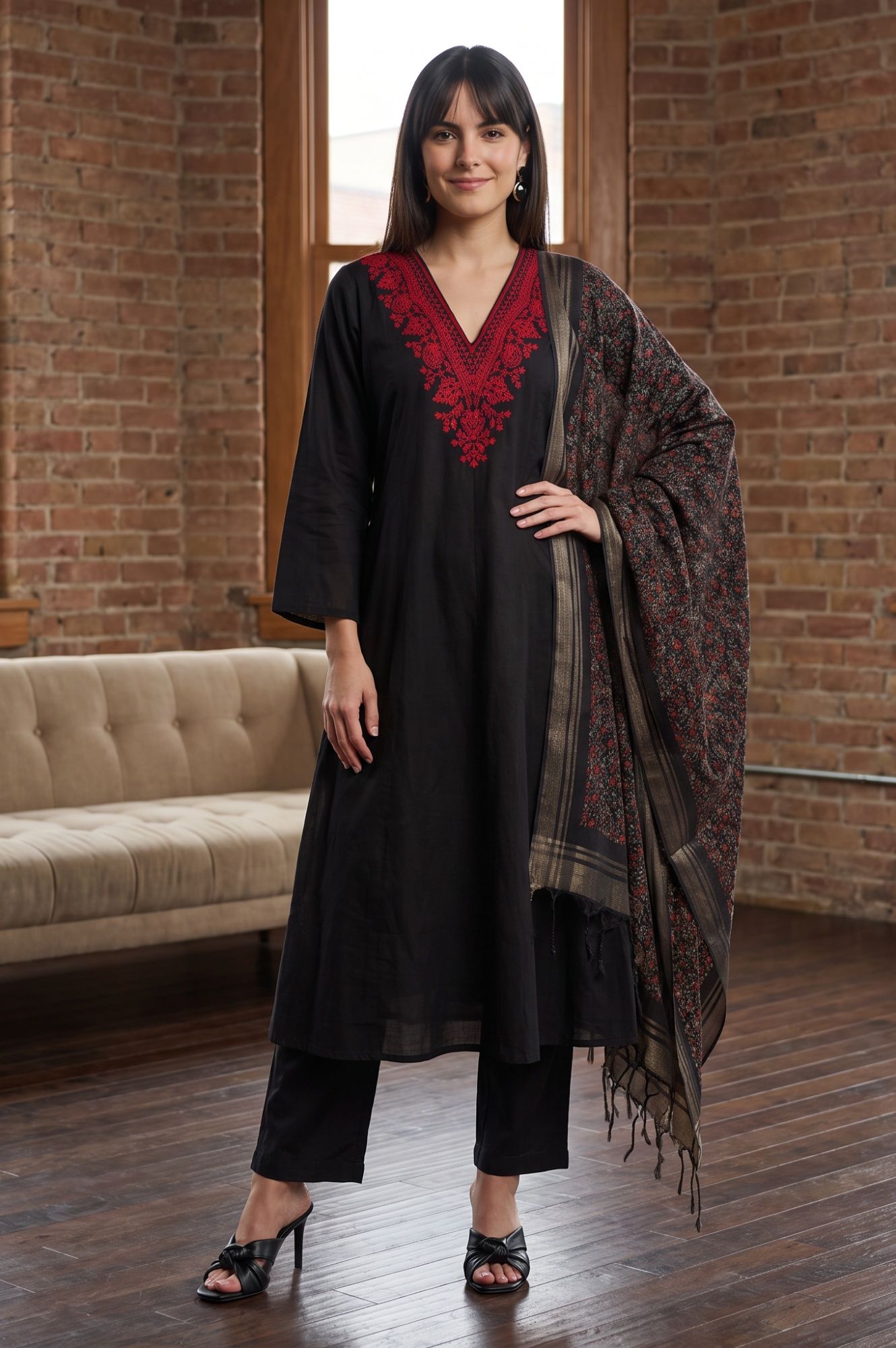 Black Thread Embroidered Pure Cotton Straight Kurta with Straight Pants and Dupatta Set