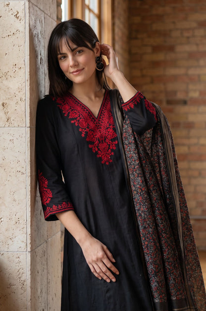 Black Thread Embroidered Pure Cotton Straight Kurta with Straight Pants and Dupatta Set