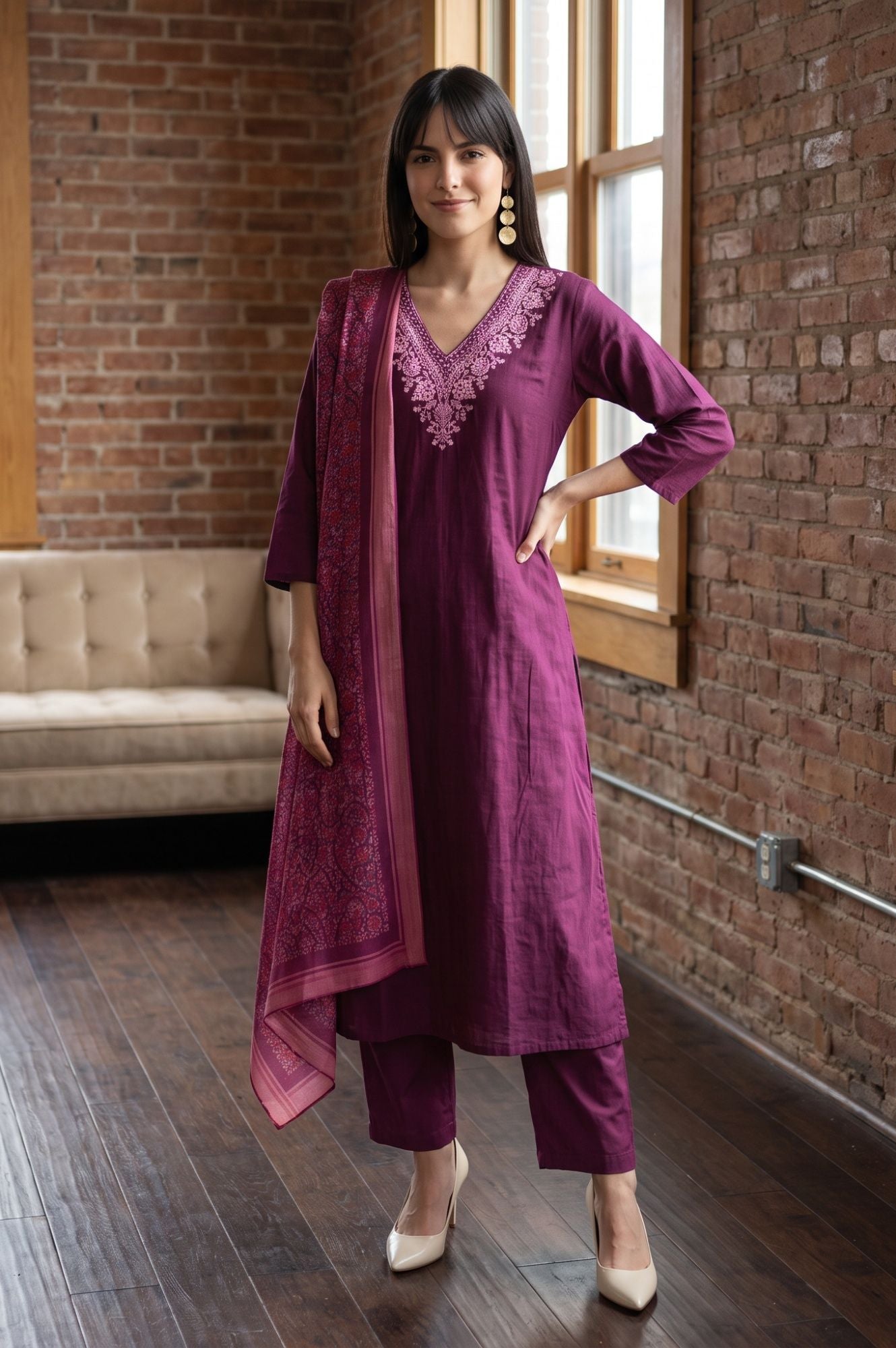 Purple Thread Embroidered Pure Cotton Straight Kurta with Straight Pants and Dupatta Set