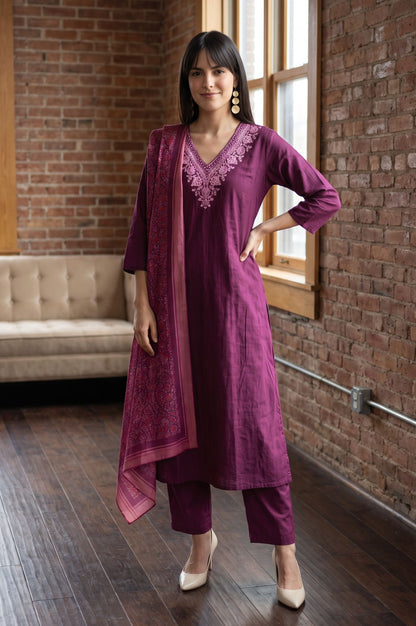 Purple Thread Embroidered Pure Cotton Straight Kurta with Straight Pants and Dupatta Set