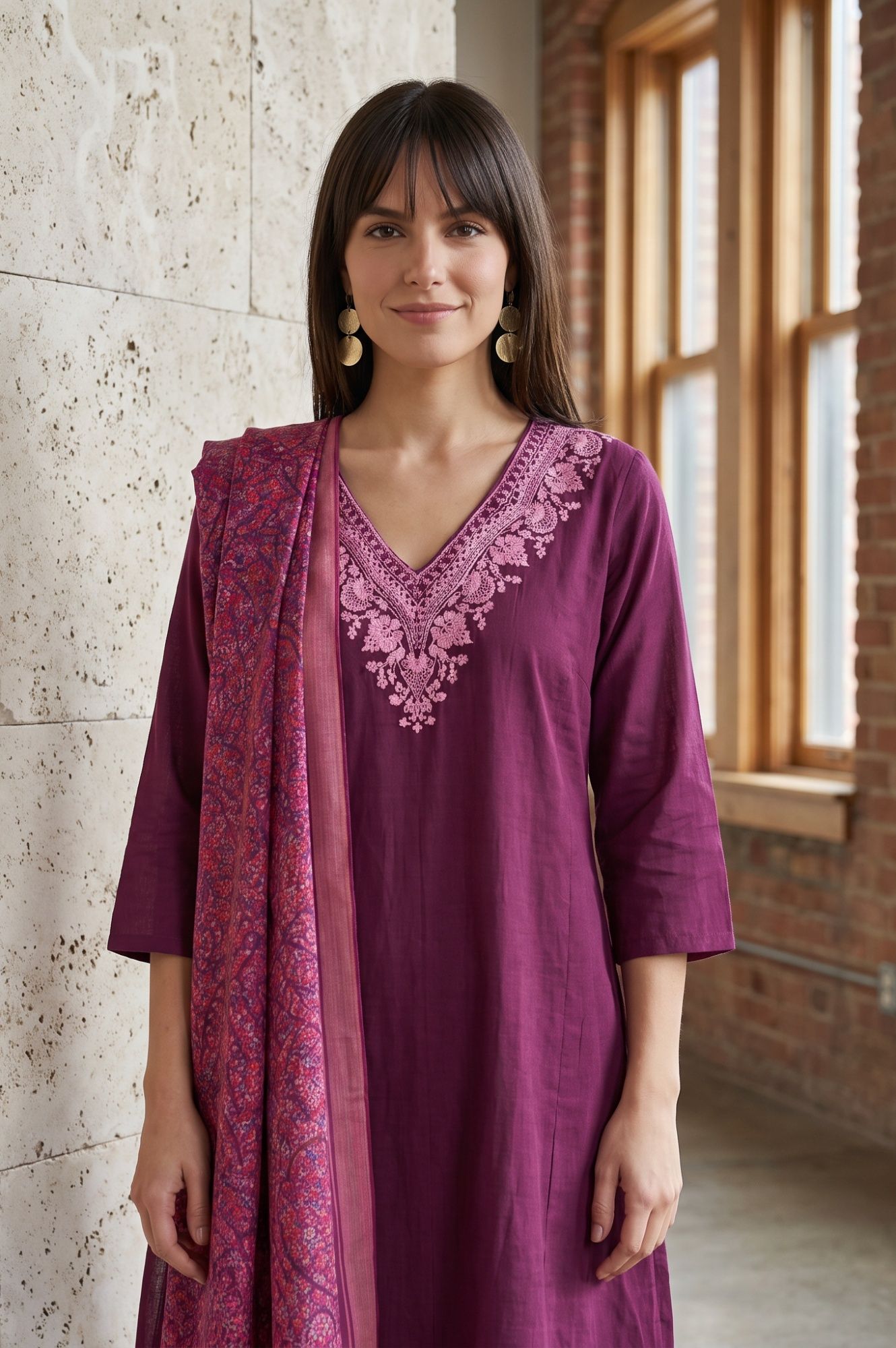 Purple Thread Embroidered Pure Cotton Straight Kurta with Straight Pants and Dupatta Set