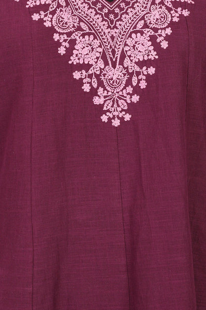 Purple Thread Embroidered Pure Cotton Straight Kurta with Straight Pants and Dupatta Set