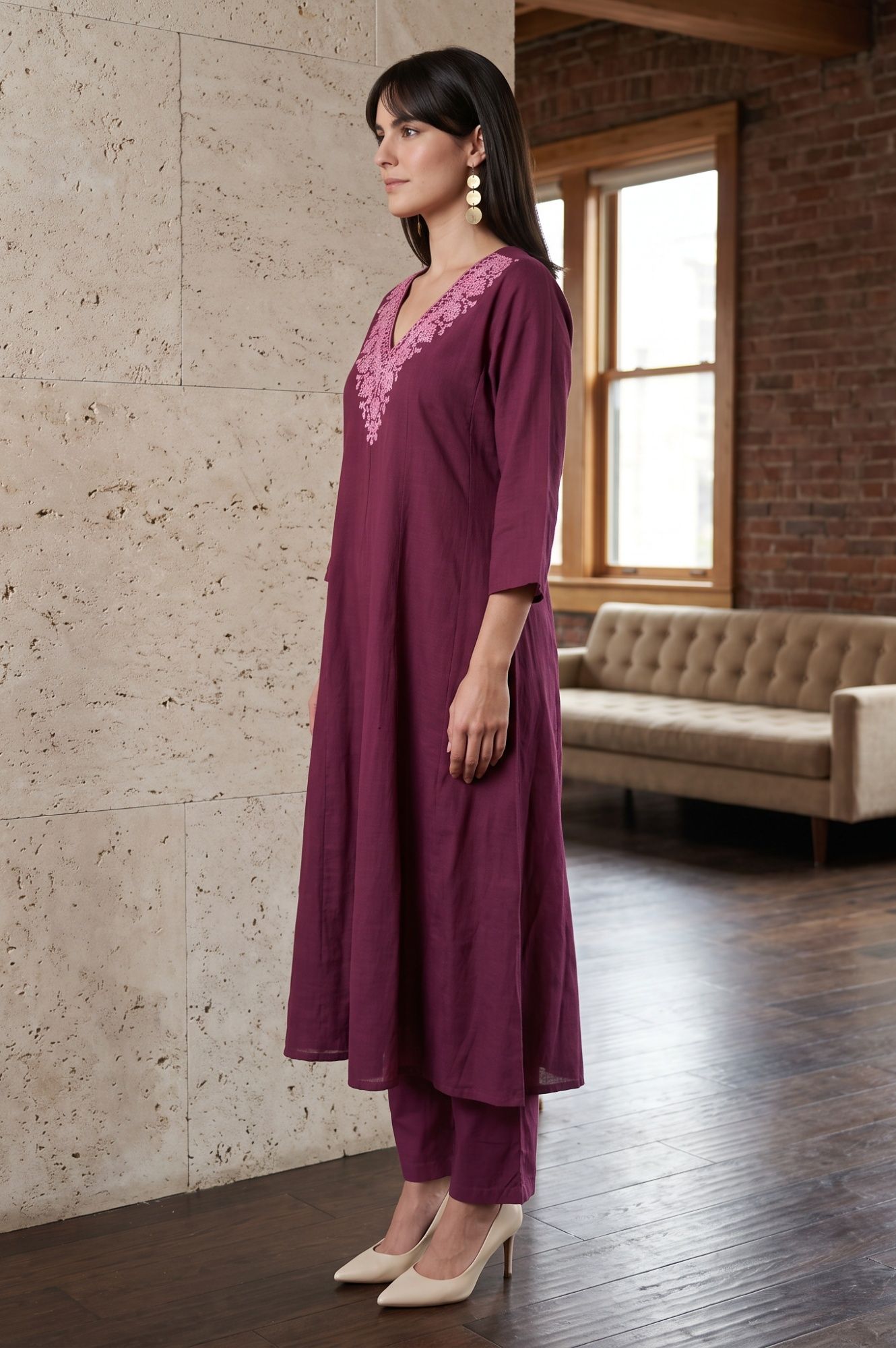 Purple Thread Embroidered Pure Cotton Straight Kurta with Straight Pants and Dupatta Set